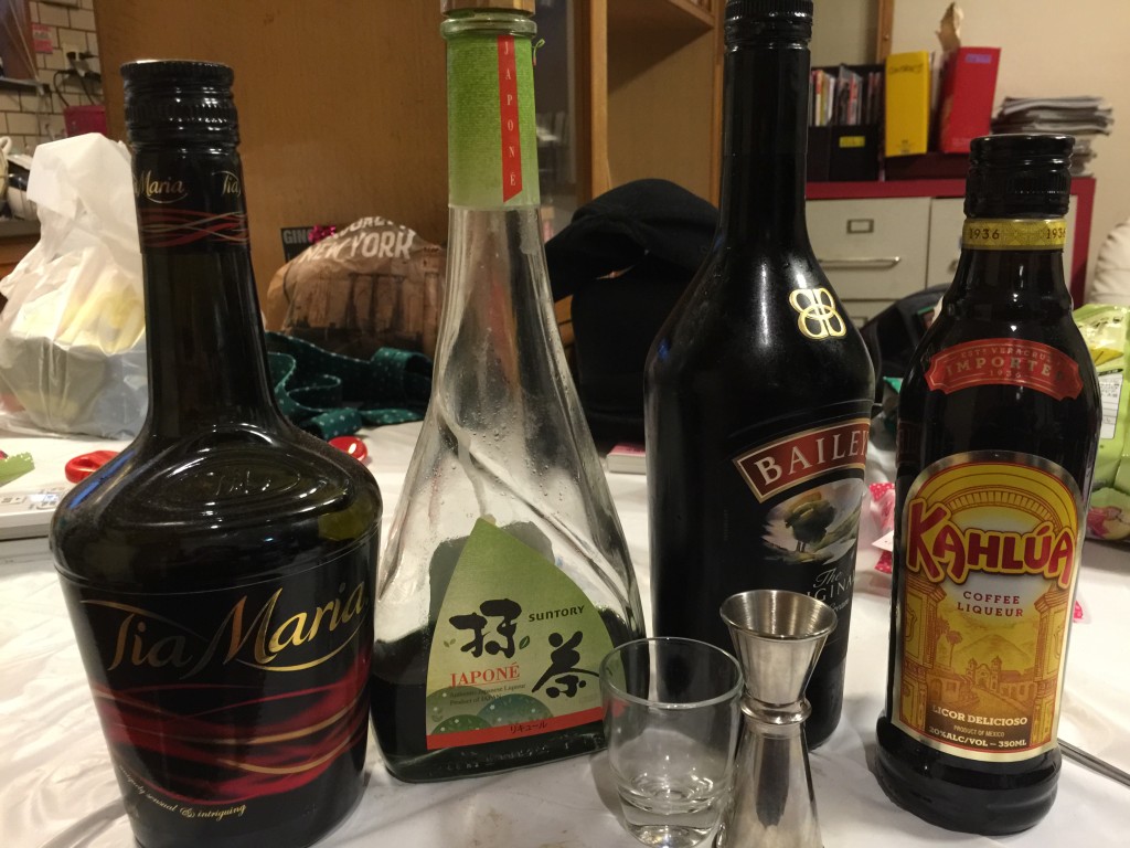 The essential ingredients for The Matcha (抹茶） Better Fuck Cocktails: Coffee, Green Tea and Cream Liqueur in equal parts 