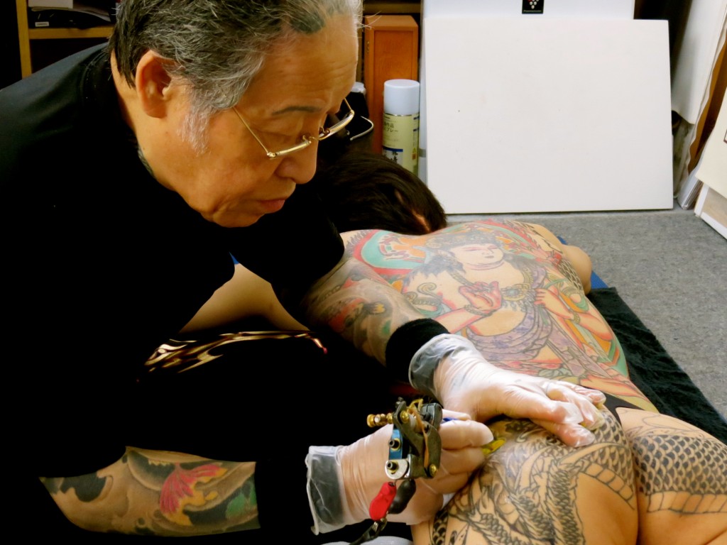 Horiyoshi the Third, the world's most famous tattoo artist, in his studio in Yokohama