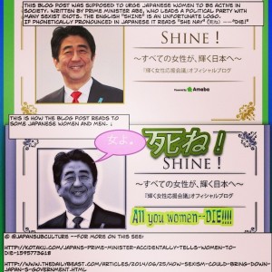 A post that was meant to to show Prime Minister Shinzo Abe's support for women, due to some bad English usage with a different meaning when read as Japanese, ended up saying, "Hey all you women in Japan, drop dead!"  