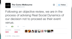 The Como Melbourne was the first hotel to cancel a Julien Blanc/RSD seminar after Jennifer Li and friends started their #takedownjulienblanc campaign. 